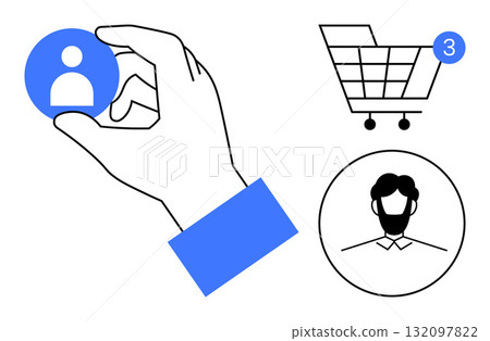 Hand holding user icon, shopping cart with three notifications, male profile. Ideal for ecommerce, user interaction, notifications, shopping, customer engagement, digital marketplace social media 132097822