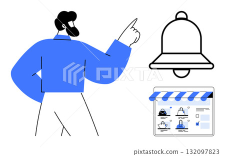 Man pointing at large notification bell icon beside online store webpage with multiple products and awning. Ideal for e-commerce, business, notifications, online shopping, announcements, marketing 132097823