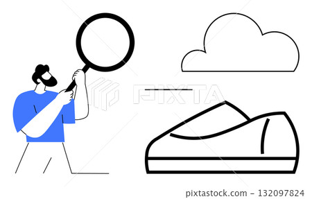 Man holding magnifying glass, examining cloud and shoe. Ideal for analysis, search, research, cloud storage, online shopping, fashion, technical analysis. Line metaphor Man holding magnifying glass, examining cloud and shoe. Ideal for analysis, search, research, cloud storage, online shopping, fashion, technical analysis. Line metaphor 132097824