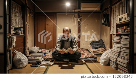 An elderly man living in a rundown apartment 132098343