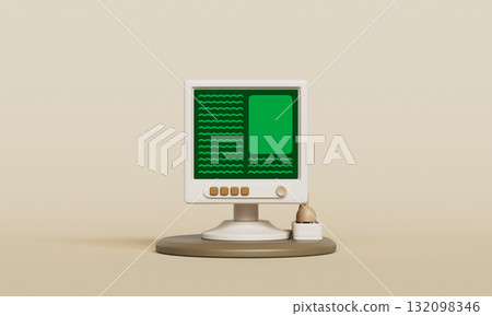 Retro Computer CRT Monitor with Green Screen. 3D Rendering. 132098346