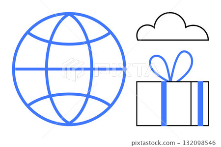 Globe representing global connection, cloud symbolizing cloud storage, and a gift box indicating digital rewards. Ideal for technology, network, internet, storage, data transfer, e-commerce 132098546