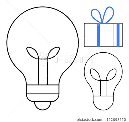 Light bulb outlines and a gift box adorned with a blue ribbon. Ideal for themes of creativity, innovation, inspiration, brainstorming, new ideas, presentations, and celebrations. Line metaphor Light bulb outlines and a gift box adorned with a blue ribbon. Ideal for themes of creativity, innovation, inspiration, brainstorming, new ideas, presentations, and celebrations. Line metaphor 132098550