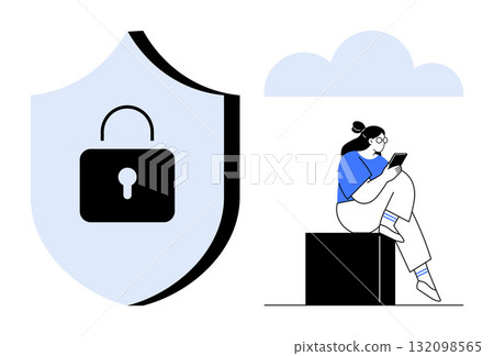 Woman using tablet while sitting, secure shield with lock. Ideal for cybersecurity, data protection, online safety, digital privacy, technology, mobile use and secure communication themes. Line 132098565