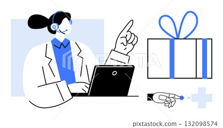 Person with headset pointing near laptop. Gift box with ribbon and hand offering a pill nearby. Ideal for customer support, online consultation, healthcare, telemedicine, rewards, technical support Person with headset pointing near laptop. Gift box with ribbon and hand offering a pill nearby. Ideal for customer support, online consultation, healthcare, telemedicine, rewards, technical support 132098574
