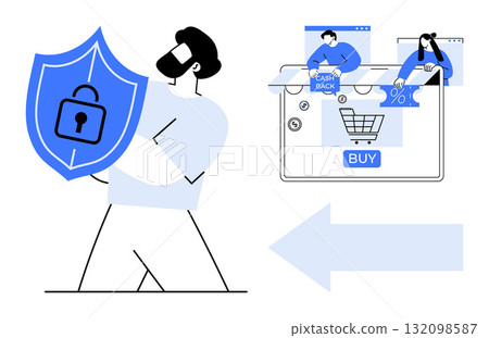 User holding a security shield beside an online shopping interface with offers and a buy button. Ideal for e-commerce, cybersecurity, online payments, data protection, digital marketing, user User holding a security shield beside an online shopping interface with offers and a buy button. Ideal for e-commerce, cybersecurity, online payments, data protection, digital marketing, user 132098587