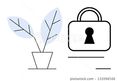 Minimalistic design with a potted plant beside a padlock. Ideal for themes thumbs up growth, security, balance, nature, safety, privacy, protection. Line metaphor Minimalistic design with a potted plant beside a padlock. Ideal for themes thumbs up growth, security, balance, nature, safety, privacy, protection. Line metaphor 132098588