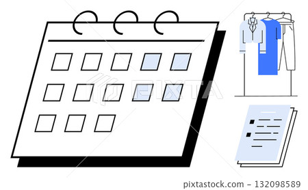 Calendar with highlighted dates, stack of documents, and hanging clothes rack. Ideal for scheduling, organizing, planning, productivity, time management, business operations personal development Calendar with highlighted dates, stack of documents, and hanging clothes rack. Ideal for scheduling, organizing, planning, productivity, time management, business operations personal development 132098589