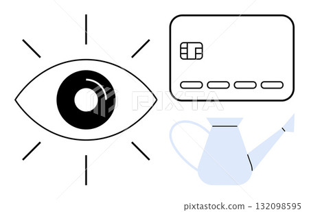 Eye with radiating lines beside a credit card and watering can. Ideal for financial growth, security, investment, savings, banking, vigilance, and nurturing prosperity. Line metaphor Eye with radiating lines beside a credit card and watering can. Ideal for financial growth, security, investment, savings, banking, vigilance, and nurturing prosperity. Line metaphor 132098595