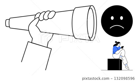 Hand holding a telescope, sad emotion, and a woman looking at phone. Black and white illustration. Ideal for exploration, technology, social media, communication, emotions isolation future Hand holding a telescope, sad emotion, and a woman looking at phone. Black and white illustration. Ideal for exploration, technology, social media, communication, emotions isolation future 132098596