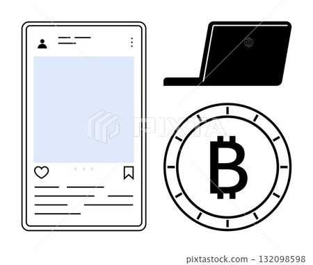 Social media post layout with interaction icons, laptop silhouette, Bitcoin symbol. Ideal for technology, finance, social media marketing, cryptocurrency, e-commerce, online networking, fintech Social media post layout with interaction icons, laptop silhouette, Bitcoin symbol. Ideal for technology, finance, social media marketing, cryptocurrency, e-commerce, online networking, fintech 132098598
