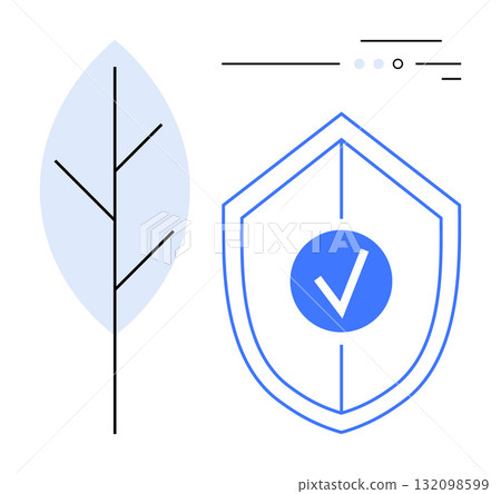 Leaf symbol and shield with check mark represent eco-friendly security. Ideal for sustainability, environmental protection, eco-friendly initiatives, data security, safety measures, nature 132098599