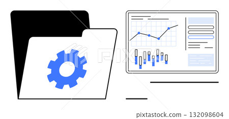 A gear-centric folder next to a screen displaying charts, graphs, and data analytics. Ideal for business intelligence, data management, project planning, technological innovation, performance A gear-centric folder next to a screen displaying charts, graphs, and data analytics. Ideal for business intelligence, data management, project planning, technological innovation, performance 132098604
