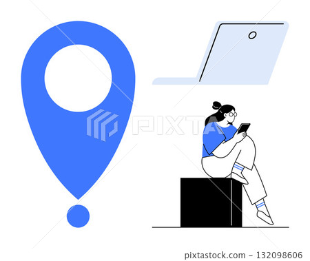 Person sitting on a black box using a smartphone, nearby a blue location marker and an open laptop. Ideal for technology, mobile usage, remote work, digital navigation, online communication 132098606