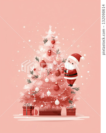 聖誕老公公在聖誕樹上掛上禮物 聖誕老公公在聖誕樹上掛上禮物 132098614