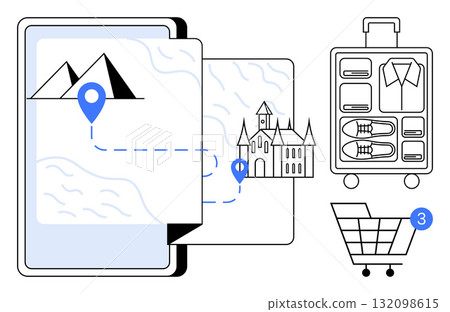 Travel map with location markers, open suitcase, and shopping cart with number 3. Ideal for trip planning, vacation, tourism, packing, online shopping adventure logistic themes. Line metaphor 132098615
