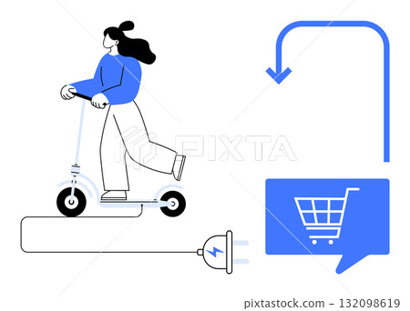 Woman riding electric scooter while it charges via plug, with shopping cart icon and downward arrow. Ideal for e-commerce, sustainability, technology, transportation, eco-friendly alternatives 132098619