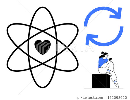 Atomic heart symbol, blue sync arrows, person reading tablet while seated on a block. Ideal for digital interaction, technology, education, science, love connectivity modern communication. Line 132098620
