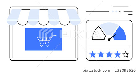 Storefront with shopping cart icon beside rating dashboard showing 5 stars and performance gauge. Ideal for e-commerce, customer reviews, online shopping, marketing strategies, user feedback Storefront with shopping cart icon beside rating dashboard showing 5 stars and performance gauge. Ideal for e-commerce, customer reviews, online shopping, marketing strategies, user feedback 132098626