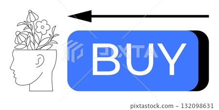 Human head filled with flowers facing blue Buy button with left arrow. Ideal for consumerism, e-commerce, marketing, psychology, decision-making, shopping behavior, digital advertisements. Line 132098631