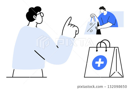 Person pointing with finger, another person holding shopping bags with discount sign, health-themed shopping bag nearby. Ideal for retail, e-commerce, health shopping, decision making, marketing Person pointing with finger, another person holding shopping bags with discount sign, health-themed shopping bag nearby. Ideal for retail, e-commerce, health shopping, decision making, marketing 132098650