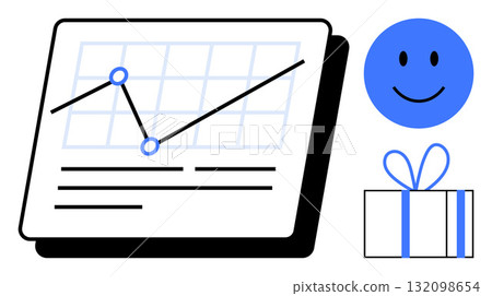 Business growth chart with upward trend line adjacent to a blue happy face and a gift box. Ideal for success, growth, rewards, motivation, business performance, employee recognition, positive 132098654