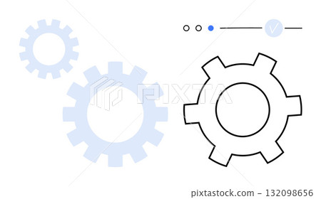 Three gears with one larger outlined gear and two smaller shaded ones, with progress indicators above. Ideal for technology, mechanics, engineering, automation, innovation, teamwork, and processes 132098656