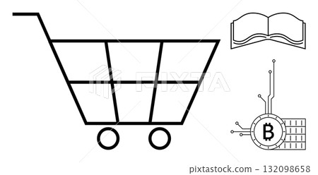 A shopping cart outline with a book icon and a cryptocurrency blockchain symbol. Ideal for online shopping, e-commerce, digital currency, blockchain technology, and digital education themes. Simple A shopping cart outline with a book icon and a cryptocurrency blockchain symbol. Ideal for online shopping, e-commerce, digital currency, blockchain technology, and digital education themes. Simple 132098658