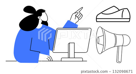 Woman in blue shirt pointing at computer monitor with shoes and megaphone nearby. Ideal for marketing, communication, online shopping, e-commerce, social media, customer engagement, workplace Woman in blue shirt pointing at computer monitor with shoes and megaphone nearby. Ideal for marketing, communication, online shopping, e-commerce, social media, customer engagement, workplace 132098671