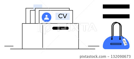 CVs organized in a file box, blue handbag with a price tag, and equality sign suggesting fair job evaluation. Ideal for recruitment, HR, job applications, equality, organization, workplace diversity CVs organized in a file box, blue handbag with a price tag, and equality sign suggesting fair job evaluation. Ideal for recruitment, HR, job applications, equality, organization, workplace diversity 132098673