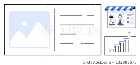 E-commerce website interface featuring a product listing, storefront icon, and bar graph indicating sales growth. Ideal for online shopping, e-commerce, digital marketing, business analytics, growth 132098675