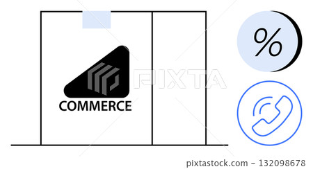 Commerce sign with triangle shape, discount percentage symbol, and phone call icon. Ideal for marketing, sales, customer service, retail, business presentations, promotional materials, e-commerce 132098678