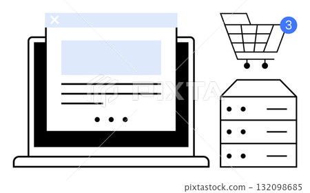 Laptop displaying web page, shopping cart with notification badge, and server icon. Ideal for online shopping, e-commerce platforms, web development, digital marketing, cloud computing, database Laptop displaying web page, shopping cart with notification badge, and server icon. Ideal for online shopping, e-commerce platforms, web development, digital marketing, cloud computing, database 132098685
