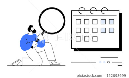 Man with magnifying glass kneeling in front of a calendar, highlighting specific dates. Ideal for scheduling, planning, appointments, deadline tracking, productivity, project management, event 132098699