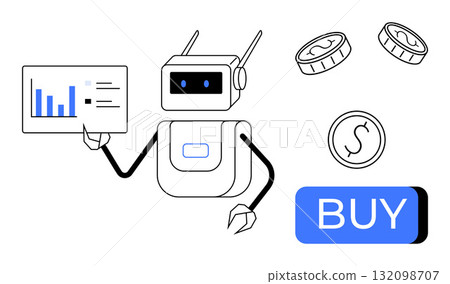Robot presenting financial data on screen with coins and Buy button. Ideal for finance, technology, automation, e-commerce, digital transactions, marketing, investment platforms. Line metaphor Robot presenting financial data on screen with coins and Buy button. Ideal for finance, technology, automation, e-commerce, digital transactions, marketing, investment platforms. Line metaphor 132098707