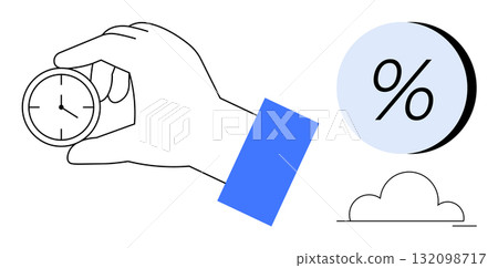 Hand holding a small clock, a percentage symbol, and a cloud icon. Ideal for productivity, efficiency, business, finance, cloud computing, analytics, and scheduling themes. Line metaphor Hand holding a small clock, a percentage symbol, and a cloud icon. Ideal for productivity, efficiency, business, finance, cloud computing, analytics, and scheduling themes. Line metaphor 132098717