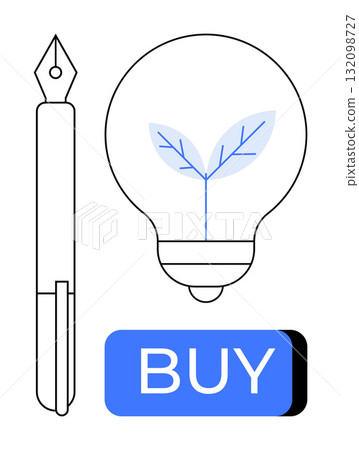 Fountain pen, bulb with plant growing, blue BUY button. Ideal for eco-friendly products, sustainable shopping, green energy campaigns, innovation, product marketing, education, online shopping. Line 132098727