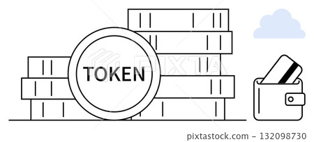 Stacks of tokens labeled TOKEN next to a wallet holding a credit card and a cloud above. Ideal for finance, cryptocurrency, digital wallets, online transactions, fintech, security, investment. Line 132098730