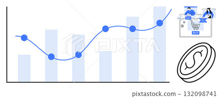 Bar and line graph showing financial data trends, online shoppers at laptop, and a dollar coin. Ideal for financial analysis, e-commerce, business strategy, growth forecasting, market research Bar and line graph showing financial data trends, online shoppers at laptop, and a dollar coin. Ideal for financial analysis, e-commerce, business strategy, growth forecasting, market research 132098741