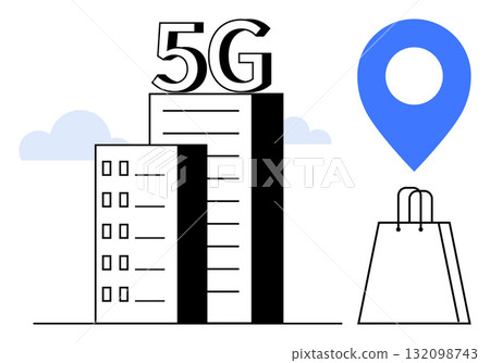 Two tall buildings marked with 5G, large blue location pin, shopping bag, cloud in background. Ideal for technology, telecommunications, urban development, navigation, retail future cities digital 132098743