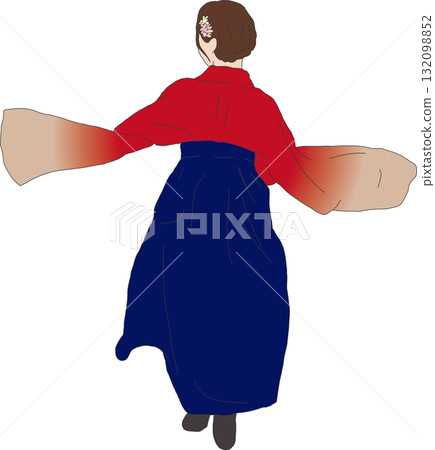 Back view of a woman running in a hakama Back view of a woman running in a hakama 132098852