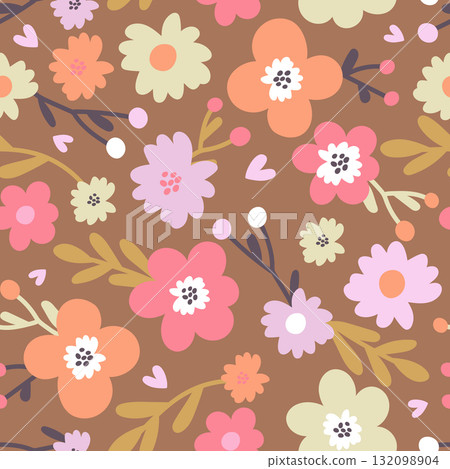 Seamless botanical pattern with abstract colorful flowers, leaves and twigs. 132098904