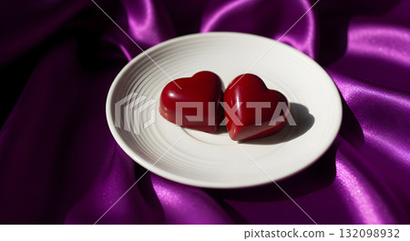 Two heart-shaped chocolates on a white plate, set against a purple satin background. Two heart-shaped chocolates on a white plate, set against a purple satin background. 132098932