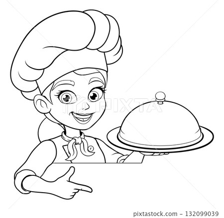 Cartoon Chef Woman Pointing at Sign with Dish 132099039