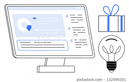Computer screen with data analysis, pie chart, and checklist. Nearby, a gift box with blue ribbon and a lit light bulb. Ideal for productivity, innovation, business, technology creativity analysis 132099201