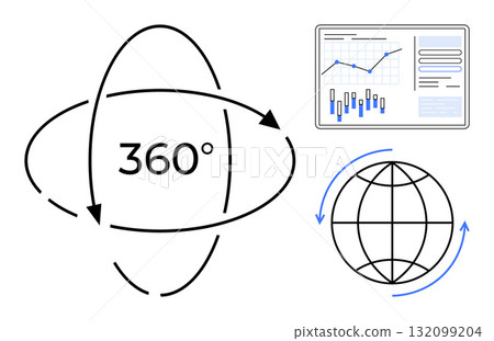 360-degree arrow encapsulating text, rotating globe with arrows, and data analysis graph elements. Ideal for data analytics, global strategy, interactive presentations, virtual reality, comprehensive 132099204