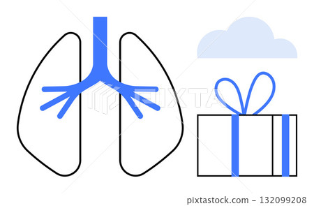 Diagram of lungs contrasted against a blue cloud and a gift box with a bow. Ideal for healthcare, organ donation, medical education, respiratory health, awareness campaigns, lung health, wellbeing Diagram of lungs contrasted against a blue cloud and a gift box with a bow. Ideal for healthcare, organ donation, medical education, respiratory health, awareness campaigns, lung health, wellbeing 132099208