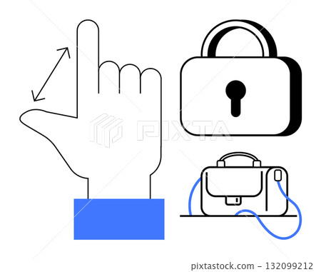 Hand with measurement arrows pointing towards space indicates precision, adjacent to a secure lock and a briefcase. Ideal for security, business, efficiency, protection, data privacy, measuring 132099212