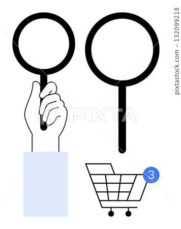 Hand holding magnifying glass, second hanging magnifying glass, shopping cart with notification bubble 3. Ideal for e-commerce, analysis, shopping, search, investigation, magnification and online Hand holding magnifying glass, second hanging magnifying glass, shopping cart with notification bubble 3. Ideal for e-commerce, analysis, shopping, search, investigation, magnification and online 132099218