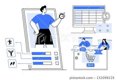 Person interacting with fitness tracking app, financial calculations on desktop, and online shopping. Ideal for health, finance, e-commerce, digital habits, technology, mobile apps consumer 132099219